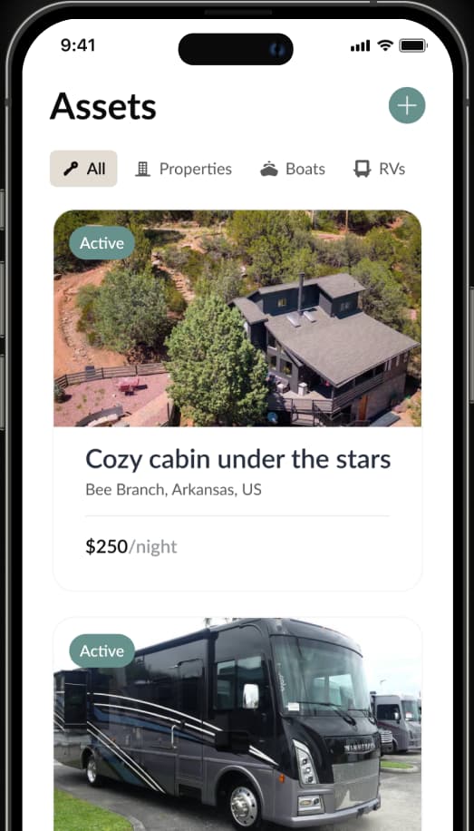 The Asset Sphere mobile assets list showing a private cabin and RV