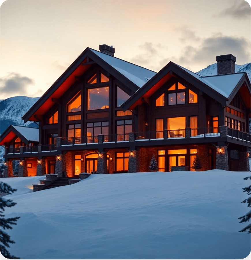 A snow-covered alpine chalet with warmly lit windows