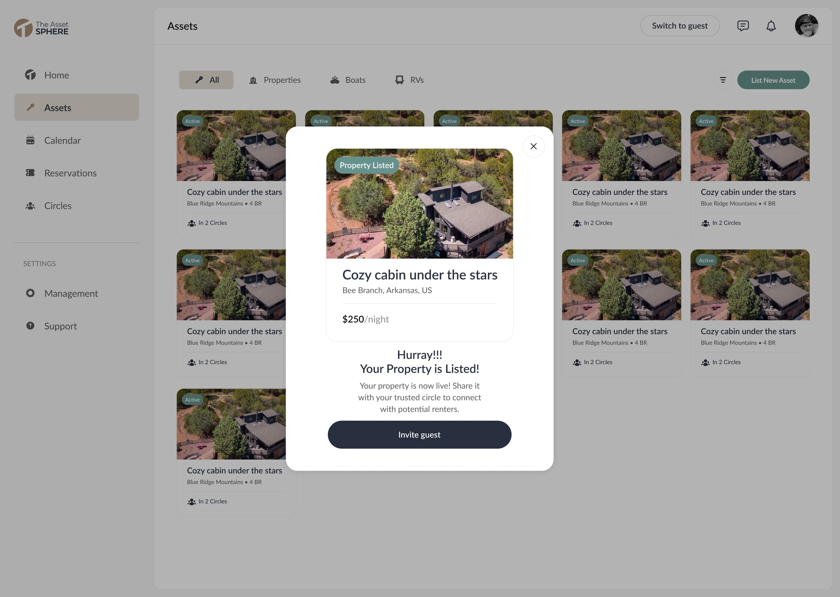 The Asset Sphere interface for List Your Assets