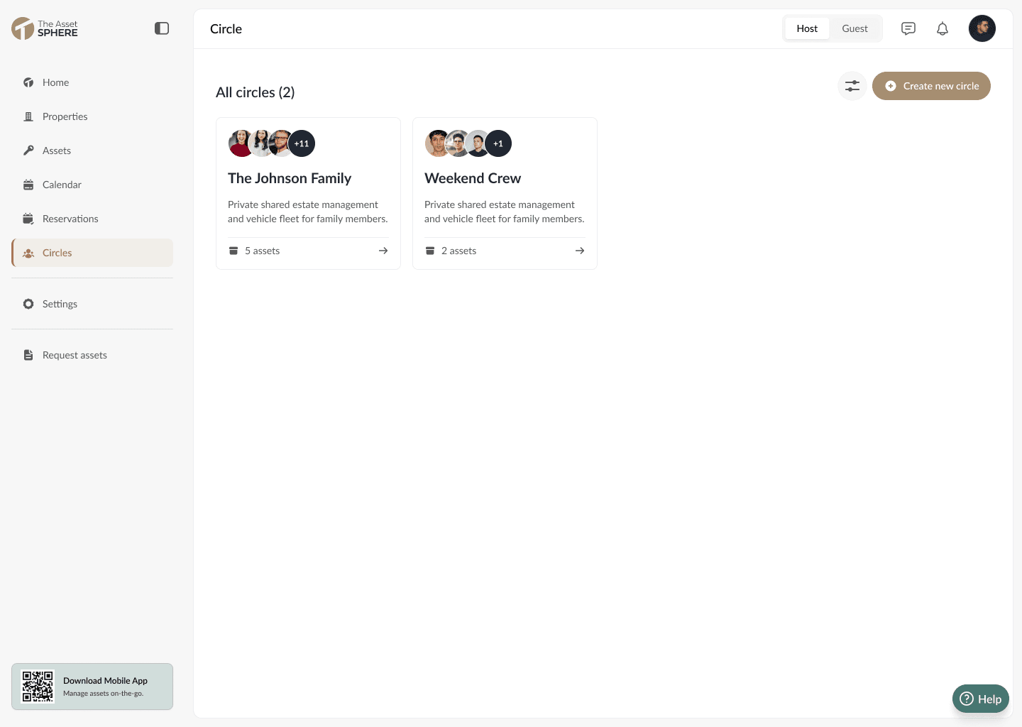 The Asset Sphere interface: Invite-only circles